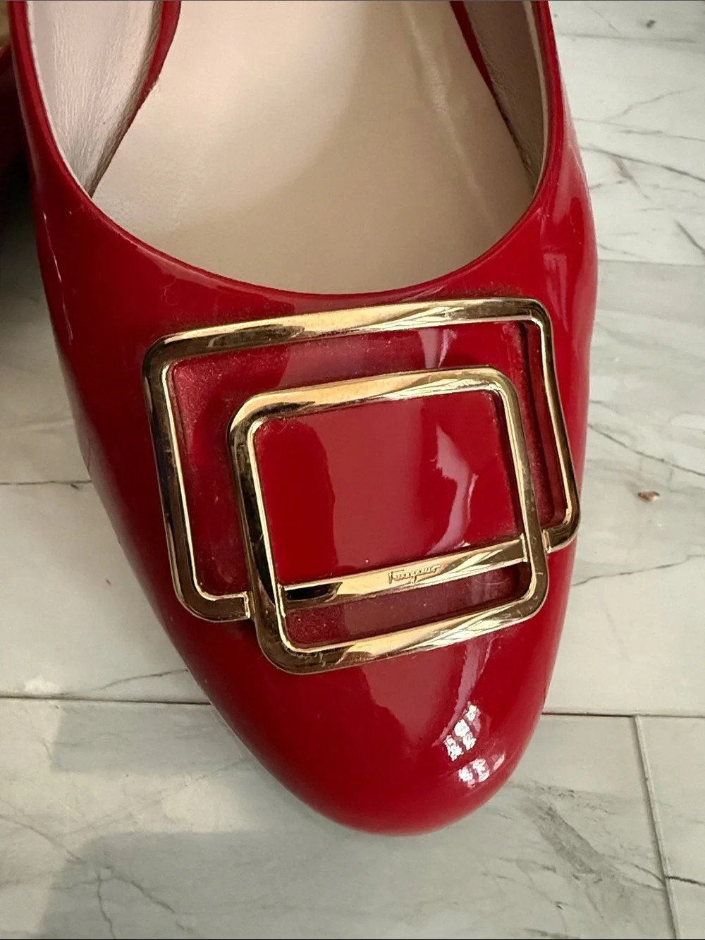 Salvatore Ferragamo Red Patent Leather Buckle Flats with Gold Hardware